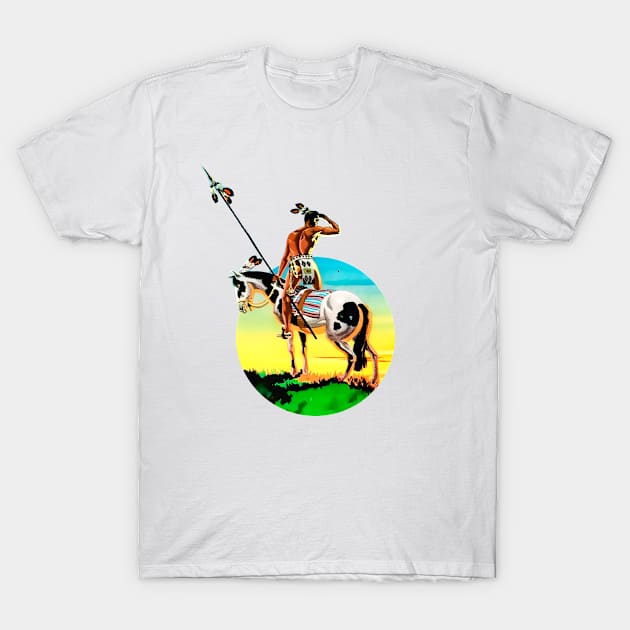 American Indian Horseback Looking At The Horizon Western Cowboy Vintage Retro Comic T-Shirt by REVISTANGO